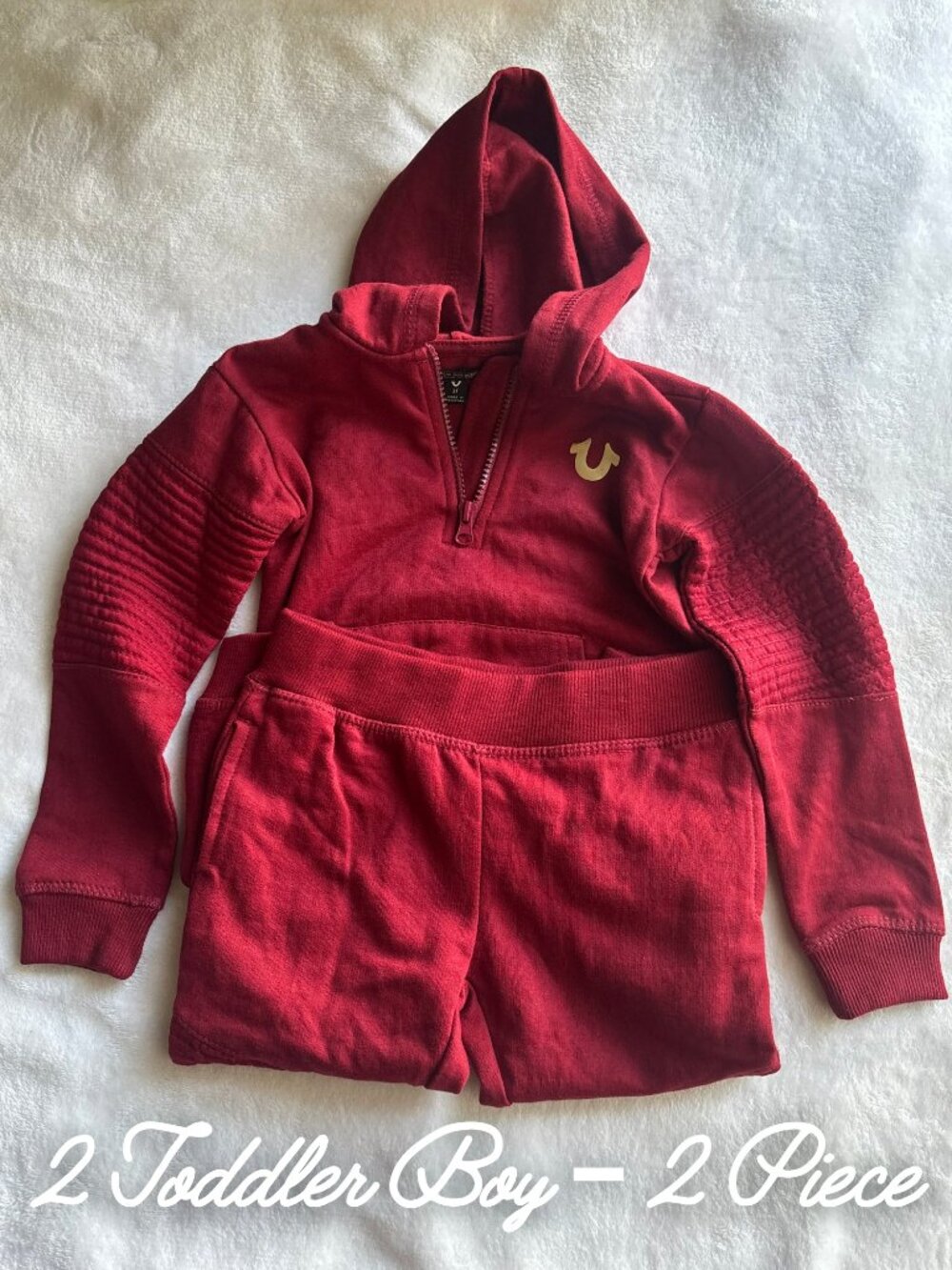 True Religion Toddler Boy 2T Outfit | 2 Piece Burgundy Hoodie & Jogger Set |